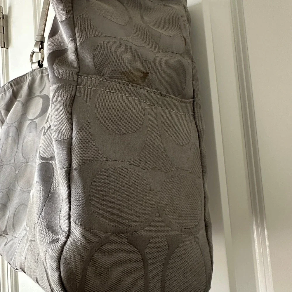 Coach Signature Monogram Tote Bag Gray Silver Metallic Leather Trim Shoulder Bag